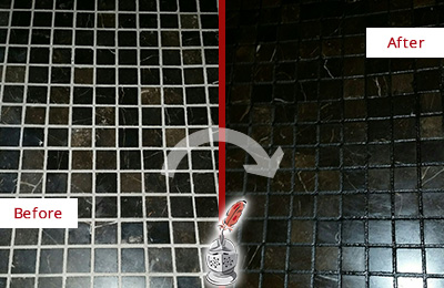 Sir Grout Recolored the Grout of this Johns Island Black Tile Floor Before and After Picture of a Johns Island Black Floor with Recolored Grout