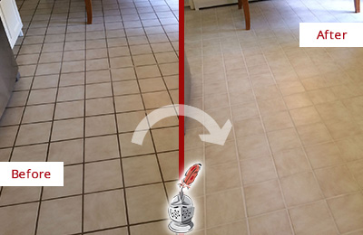 Sir Grout Recolors this Johns Island Kitchen Tile Floor's Grout Before and After Picture of a Johns Island Kitchen Tile Floor with Recolored Grout