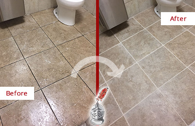 Before and After Picture of a Ravenel Office Restroom Floor Recolored Grout