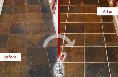 Sir Grout Recolors the Grout of this Johns Island Slate Floor Before and After Picture of a Johns Island Slate Floor Recolored Grout