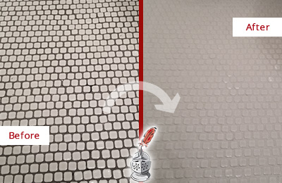 Sir Grout Recolors the Grout of this Johns Island White Mosaic Tile Before and After Picture of a Johns Island White Mosaic Tile Recolored Grout