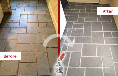 Before and After Picture of Damaged Folly Beach Slate Floor with Sealed Grout