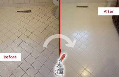 Before and After Picture of a Seabrook Island White Bathroom Floor Grout Sealed for Extra Protection