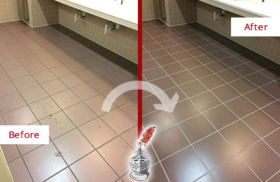 Sir Grout Seals the Grout on this Awendaw Office Restroom to Refresh Its Look Before and After Picture of Dirty Awendaw Office Restroom with Sealed Grout