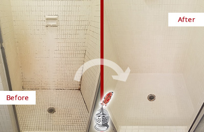 Before and After Picture of a North Charleston Bathroom Grout Sealed to Remove Mold