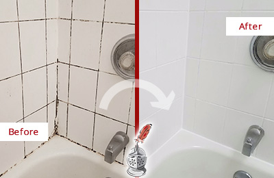 Sir Grout Seals the Grout to Eliminate Mold from this Awendaw Tub Before and After Picture of a Awendaw Tub with Sealed Grout to Eliminate Mold