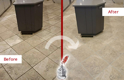 Sir Grout Seals this Stained Awendaw Kitchen Floor Grout to Remove Stains Before and After Picture of a Awendaw Kitchen Floor Grout Sealed to Remove Stains