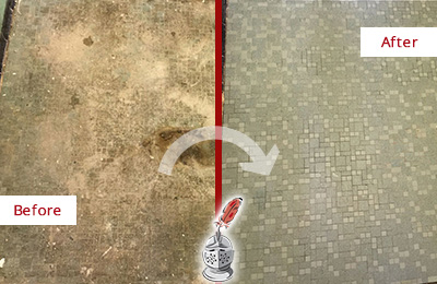 Before and After Picture of a McClellanville Mosaic Shower Cleaned to Eliminate Embedded Dirt