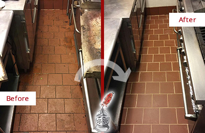 Sir Grout Cleans this Kiawah Island Restaurant Kitchen Floor to Remove Grease Build-Up Before and After Picture of a Dull Kiawah Island Restaurant Kitchen Floor Cleaned to Remove Grease Build-Up