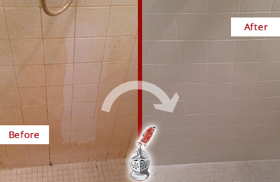 Before and After Picture of a Johns Island Porcelaine Shower Cleaned to Remove Soap Scum