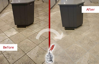 Before and After Picture of a Kiawah Island Kitchen Floor Cleaned to Remove Stains
